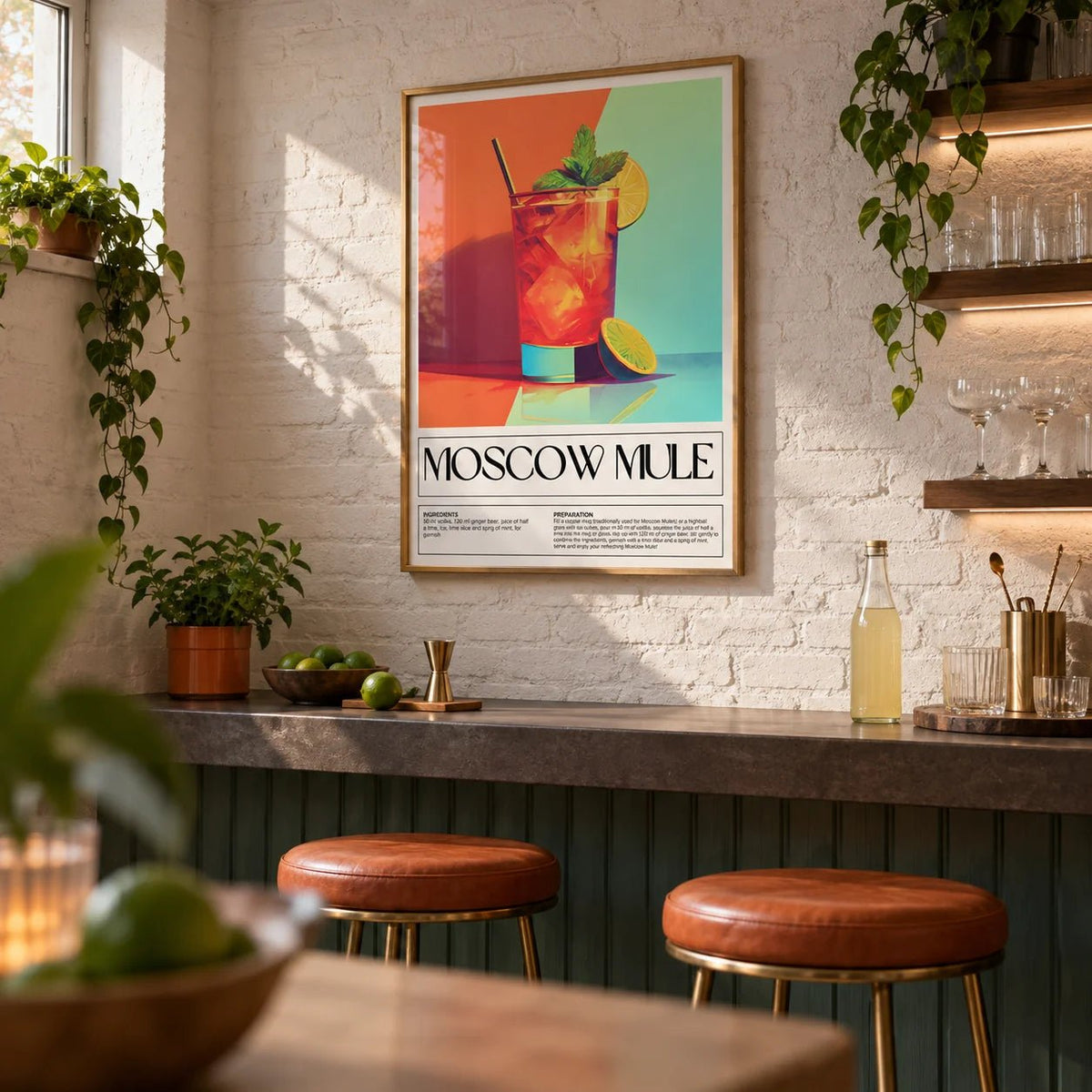 Home Bar Decorations, framed on the wall of a small basement home bar in a kitchen