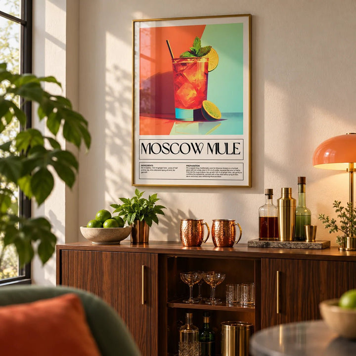 Home Bar Decorations, framed on the wall of a stylish home bar in a living room