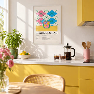 Home Bar Wall Art, framed on the wall of a bright kitchen with plain sunny yellow cabinets and a white worktop