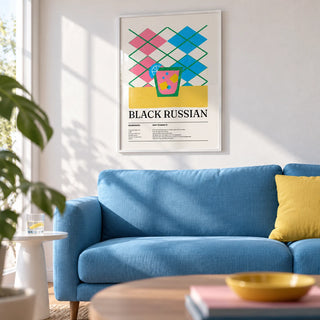 Home Bar Wall Art, framed on the wall of a bright living room with a white wall