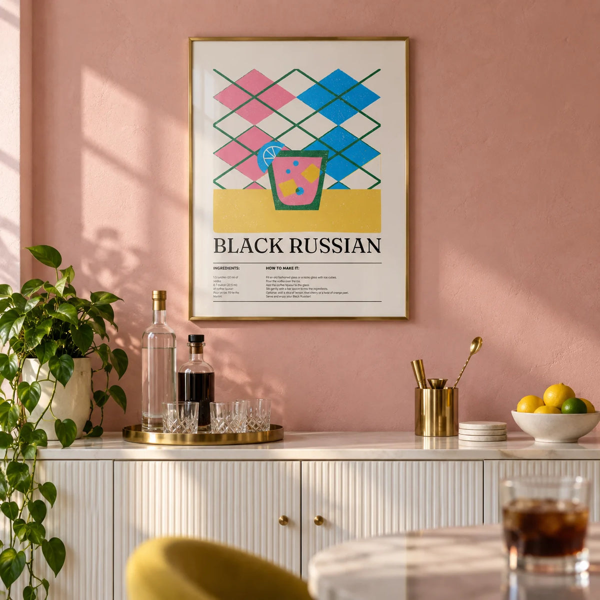 Home Bar Wall Art, framed on the wall of a home bar with a soft pink plaster wall in a living room