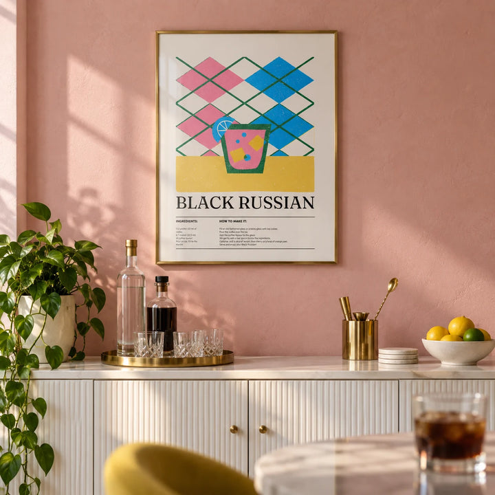 Home Bar Wall Art, framed on the wall of a home bar with a soft pink plaster wall in a living room