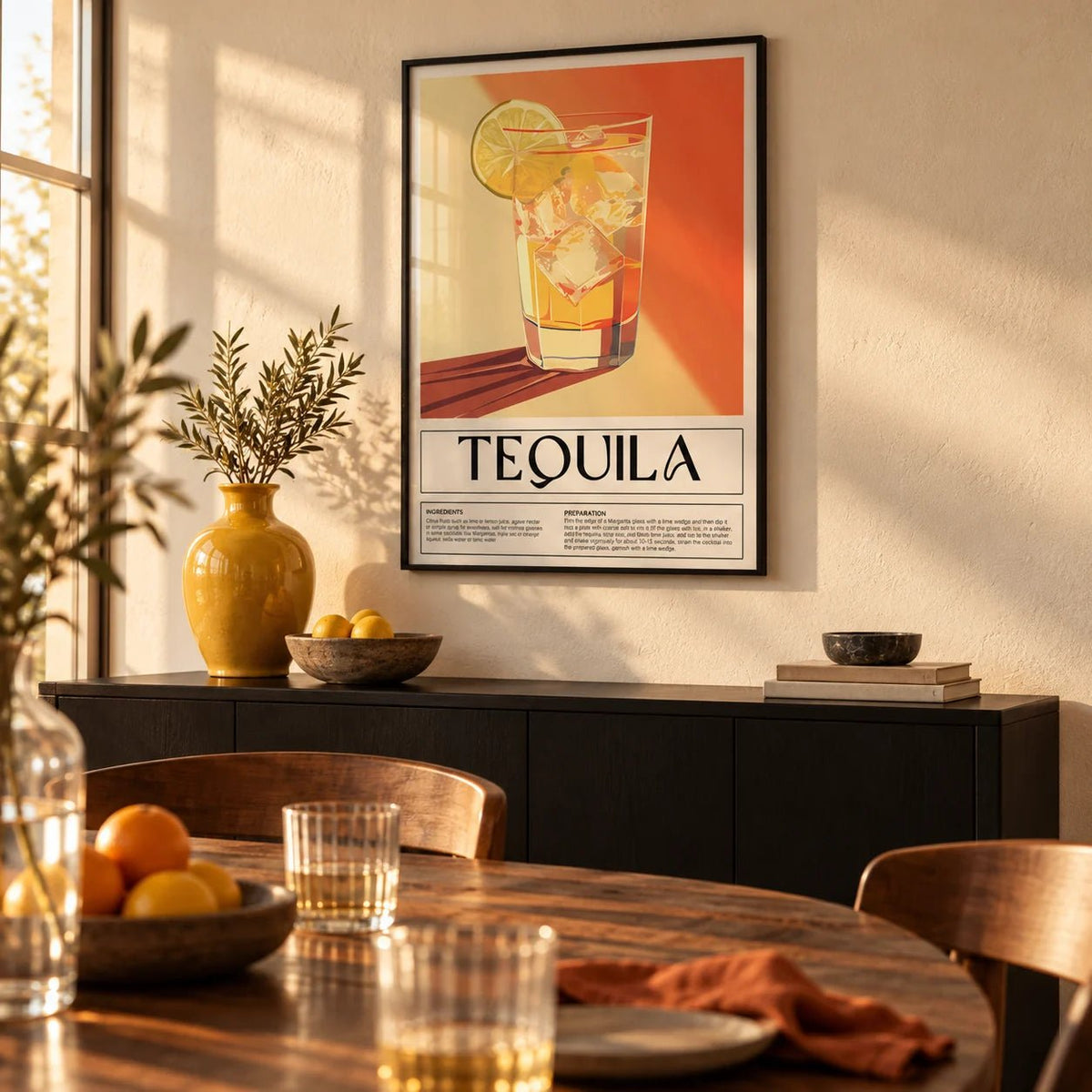 Home Bar Wall Decor, framed on the wall of a dining room in golden evening light with a warm white plaster wall