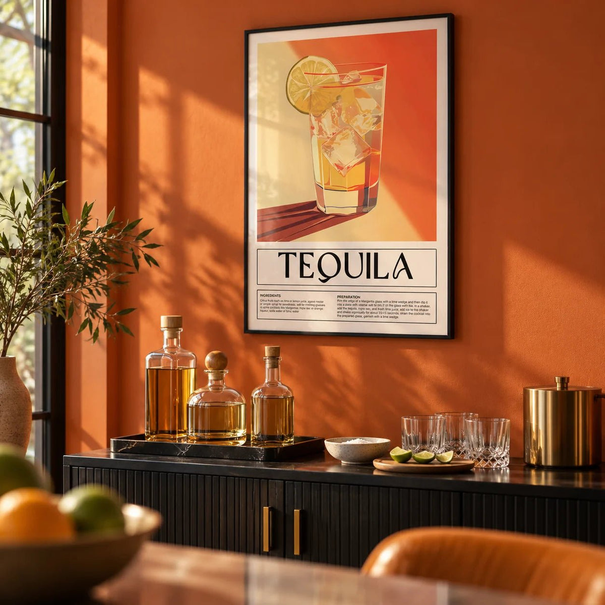 Home Bar Wall Decor, framed on the wall of a modern home bar with a burnt orange painted wall
