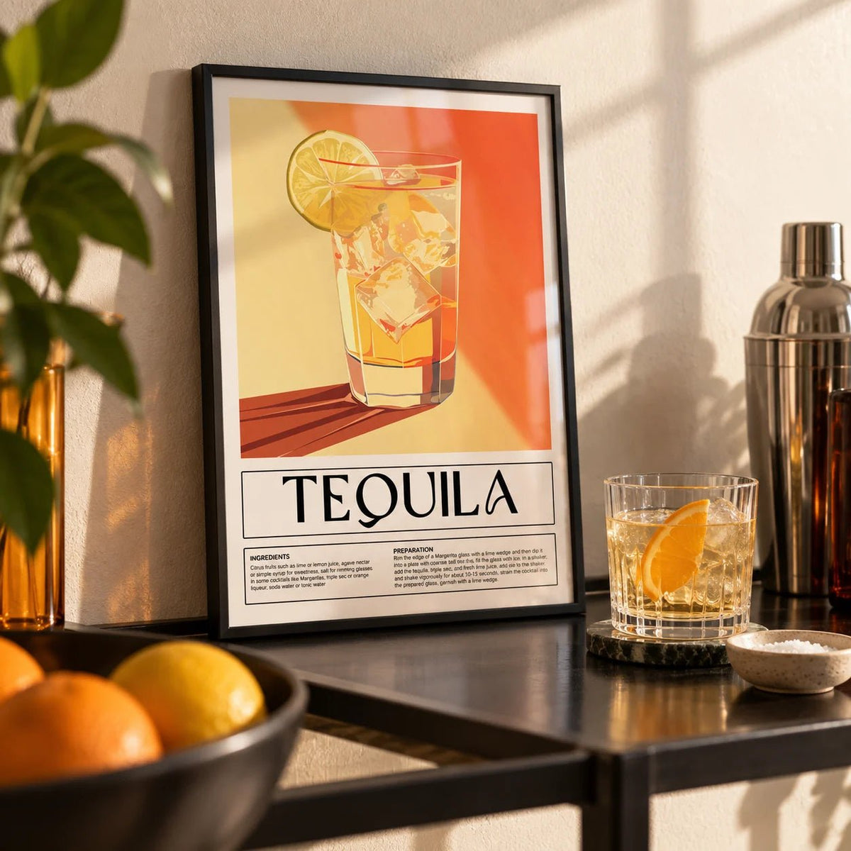 Home Bar Wall Decor, a small A4 framed print leaning on a black bar shelf in a living room