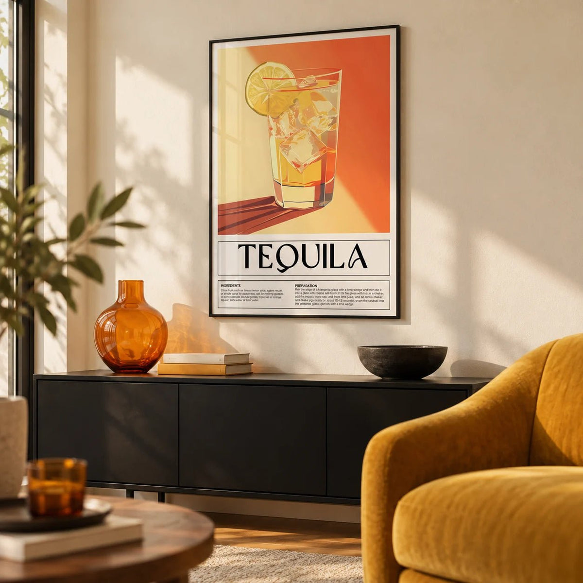 Home Bar Wall Decor, framed on the wall of a warm living room with a cream wall