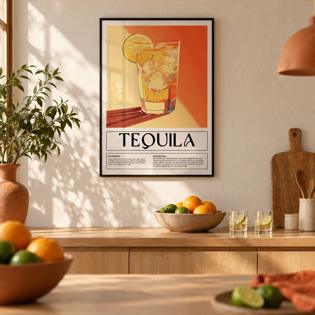 Home Bar Wall Decor, framed on the wall of a warm Mexican-modern kitchen with a limewashed white wall and a plain terracotta floor