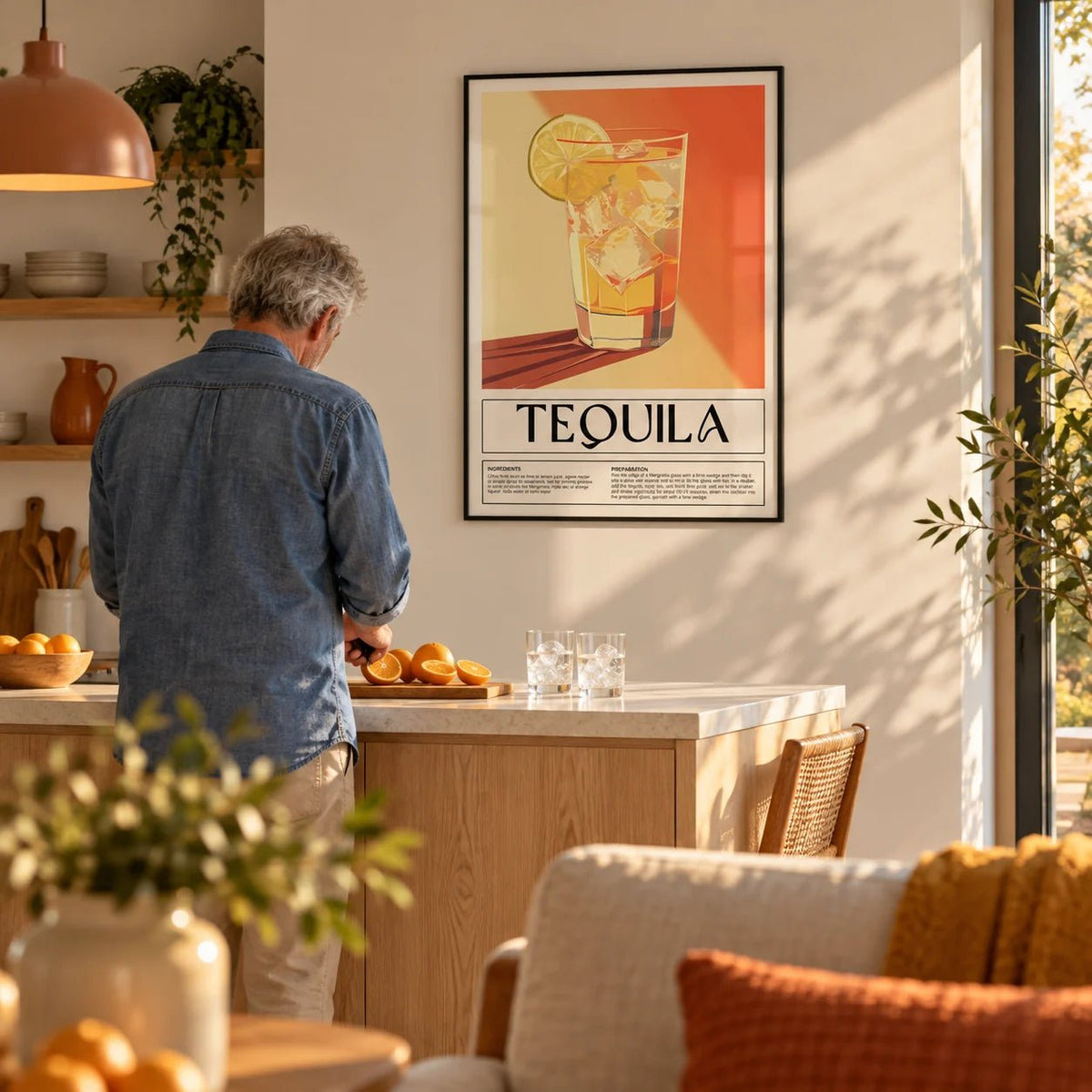 Home Bar Wall Decor, framed on the wall of a warm open-plan kitchen with a white wall