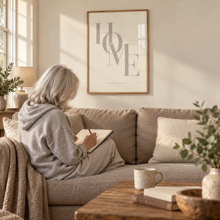 Home Beige Personal Print, framed on the wall of a calm family living room with a warm cream wall