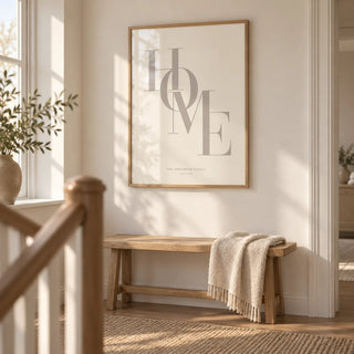 Home Beige Personal Print, framed on the wall of a calm landing at the top of the stairs with a warm white wall