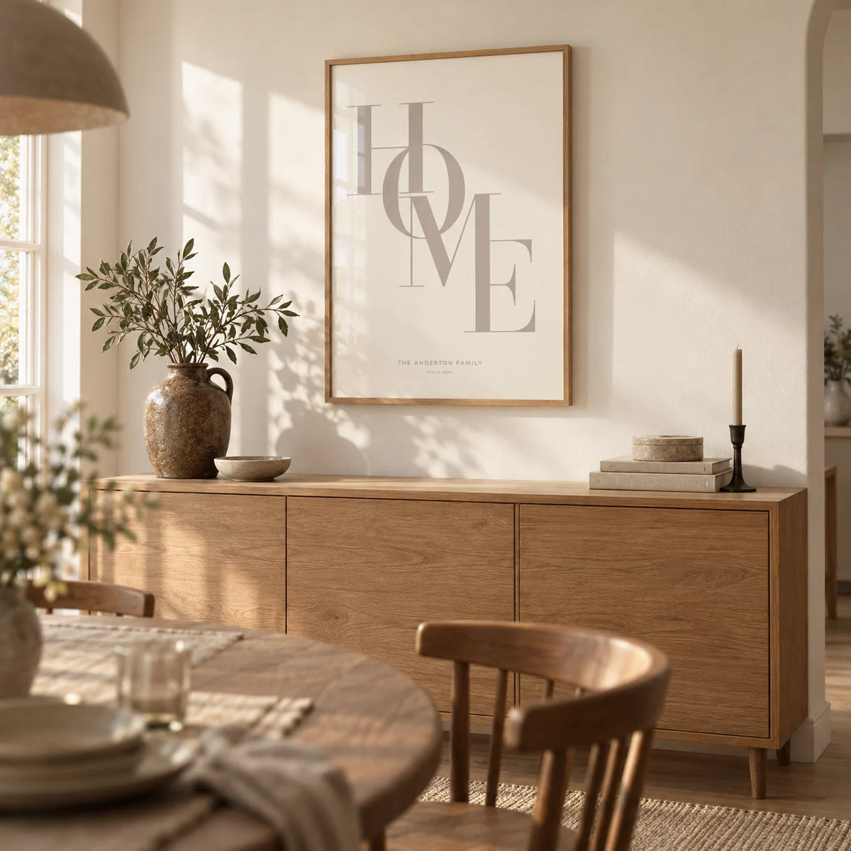 Home Beige Personal Print, framed on the wall of a family dining room with a warm white wall
