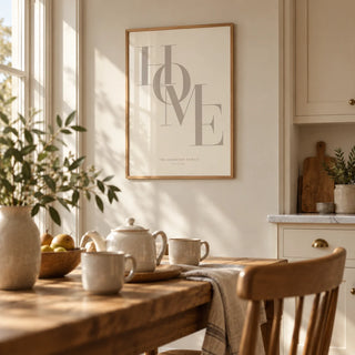 Home Beige Personal Print, framed on the wall of a warm family kitchen with cream cabinets
