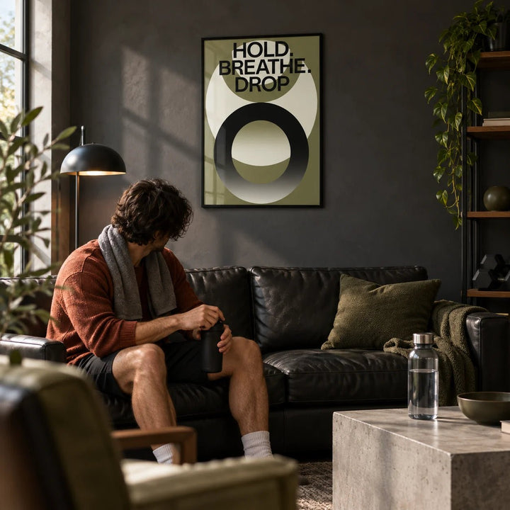 Home Gym Wall Art, framed on the wall of a modern man cave with a dark charcoal wall in a living room