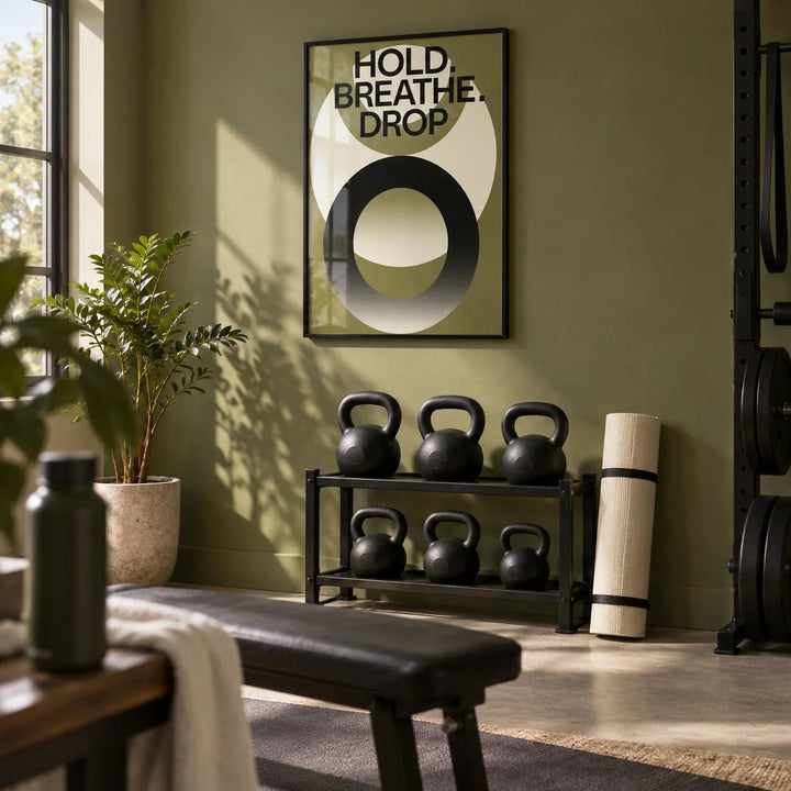 Home Gym Wall Art, framed on the wall of a spare room home gym with an olive green painted wall