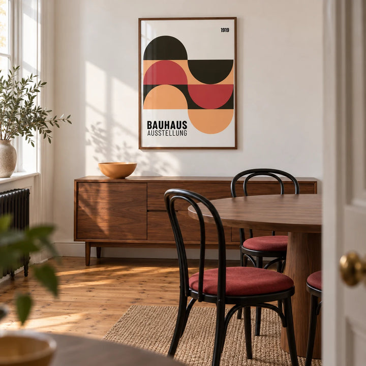 Home Office Wall Art, framed on the wall of a compact modern dining room in a UK terrace with a white wall and warm timber floor