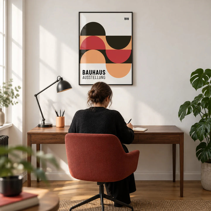 Home Office Wall Art, framed on the wall of a crisp home office in a design-conscious UK city flat with a white wall and oak floor