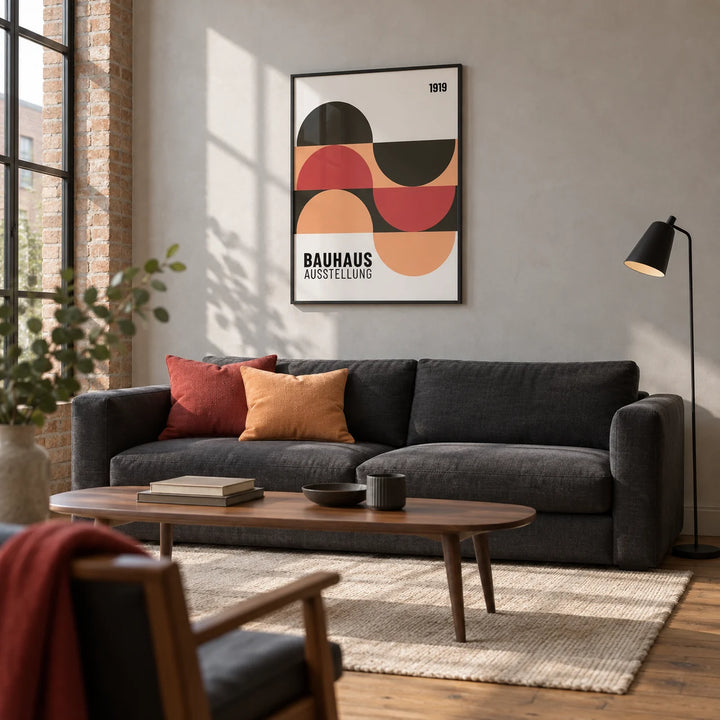 Home Office Wall Art, framed on the wall of a modern living room in a converted UK warehouse flat with a pale grey plaster wall and tall windows