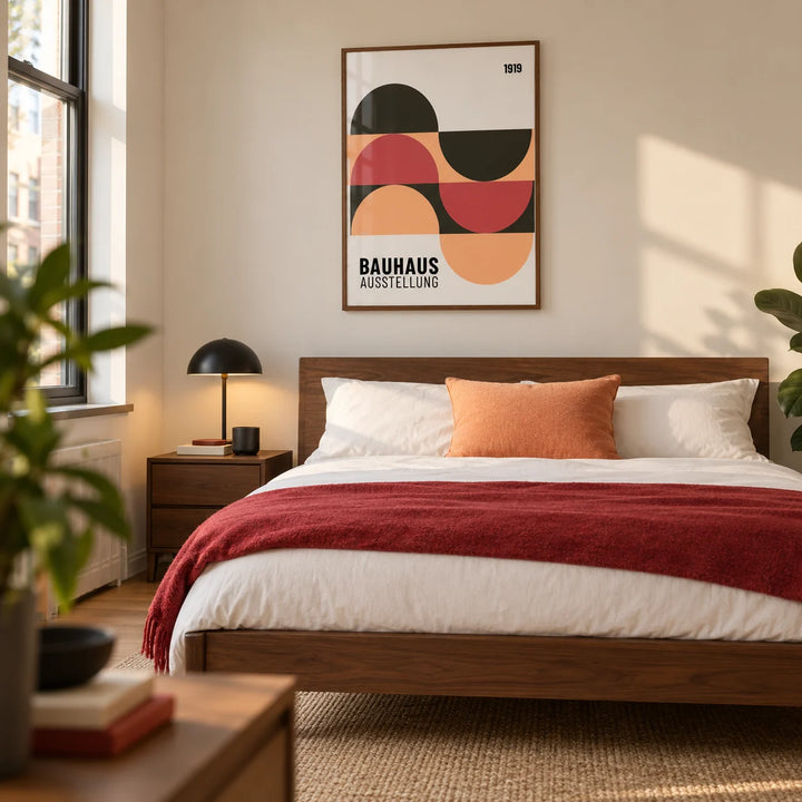 Home Office Wall Art, framed on the wall of a modern main bedroom in a UK city flat with a warm white wall and walnut furniture