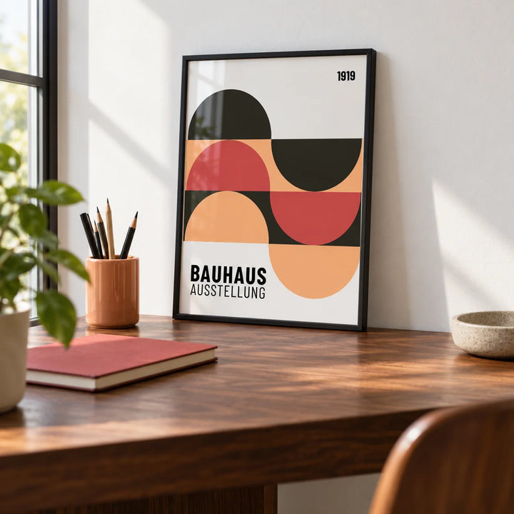 Home Office Wall Art, a small A4 framed print leaning on a walnut desk