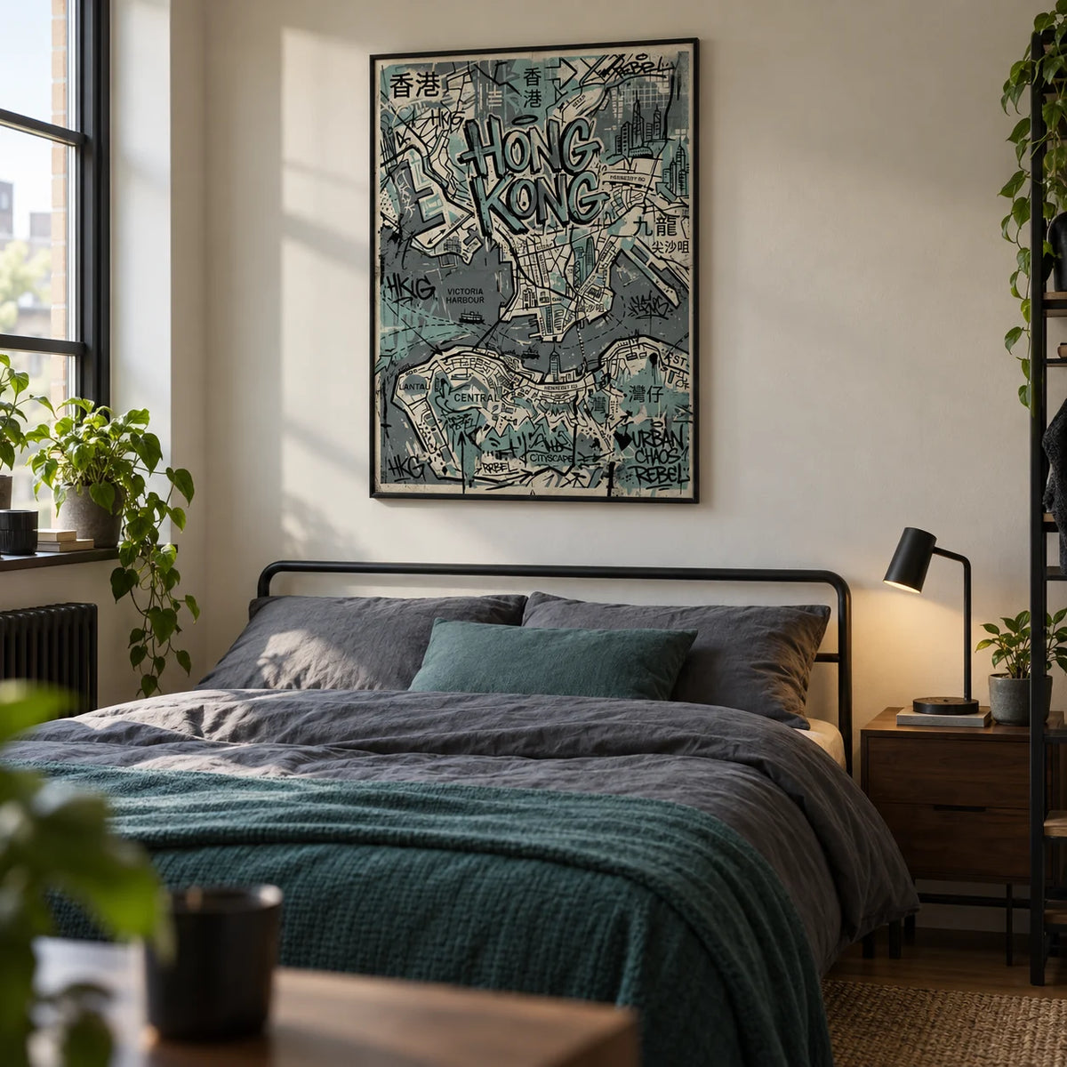 Hong Kong Map Wall Art, framed on the wall of a compact adult bedroom in a first UK flat for a street-art enthusiast aged 22-30