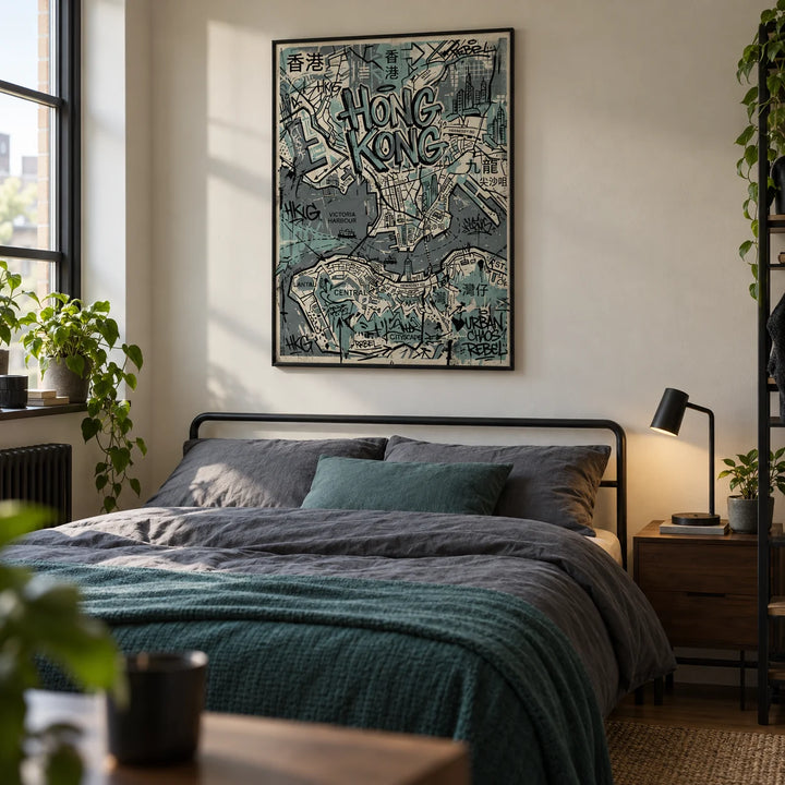 Hong Kong Map Wall Art, framed on the wall of a compact adult bedroom in a first UK flat for a street-art enthusiast aged 22-30