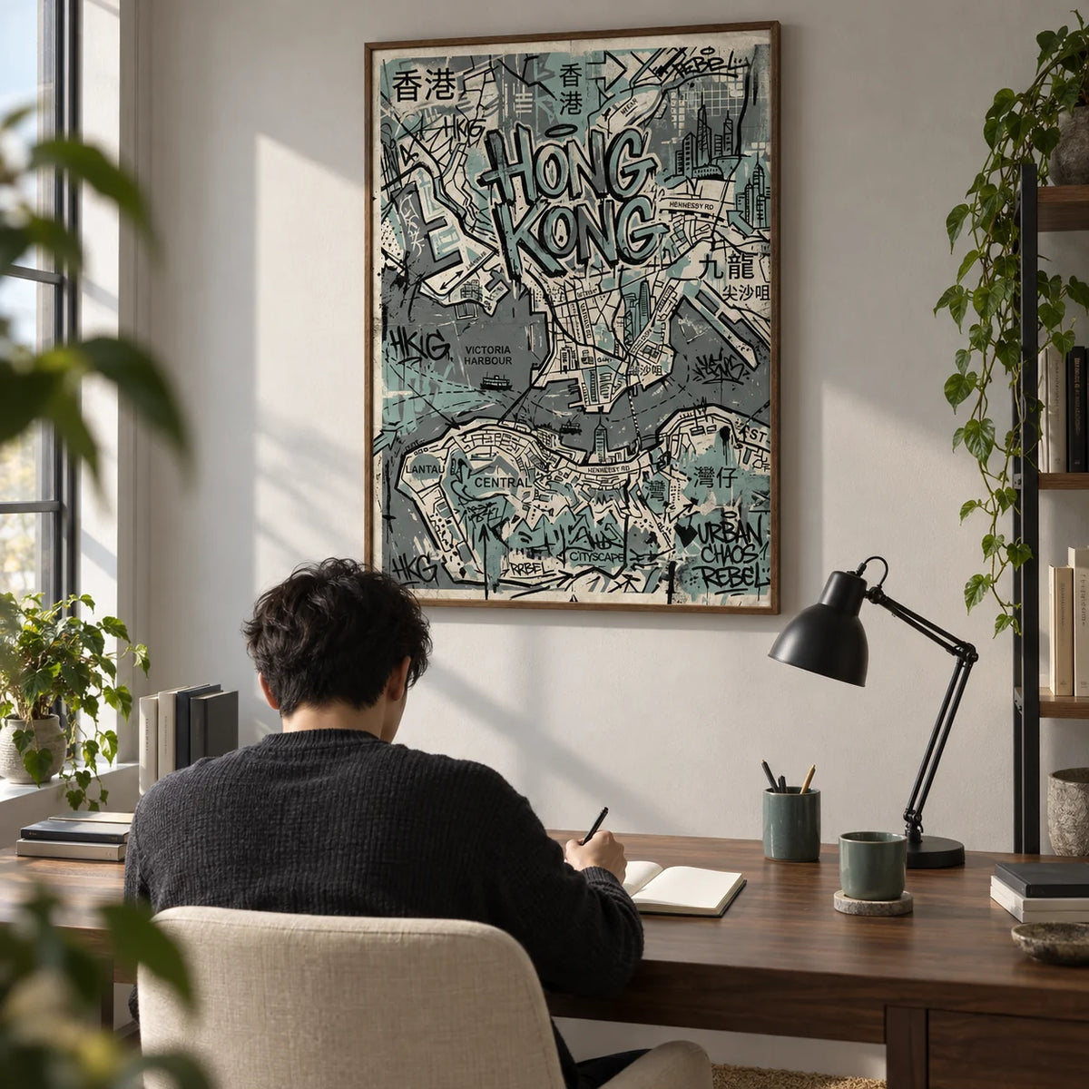 Hong Kong Map Wall Art, framed on the wall of a compact home study in a design-conscious city flat for an adult aged 25-40