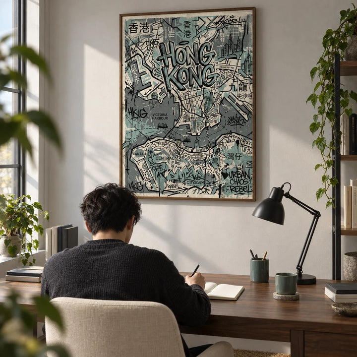 Hong Kong Map Wall Art, framed on the wall of a compact home study in a design-conscious city flat for an adult aged 25-40