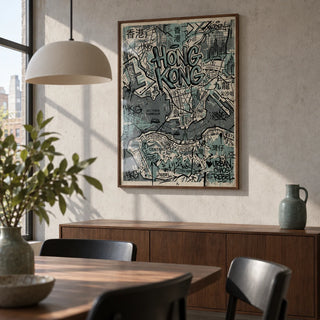 Hong Kong Map Wall Art, framed on the wall of a modern dining nook in a UK city apartment with a pale concrete wall and a walnut dining table