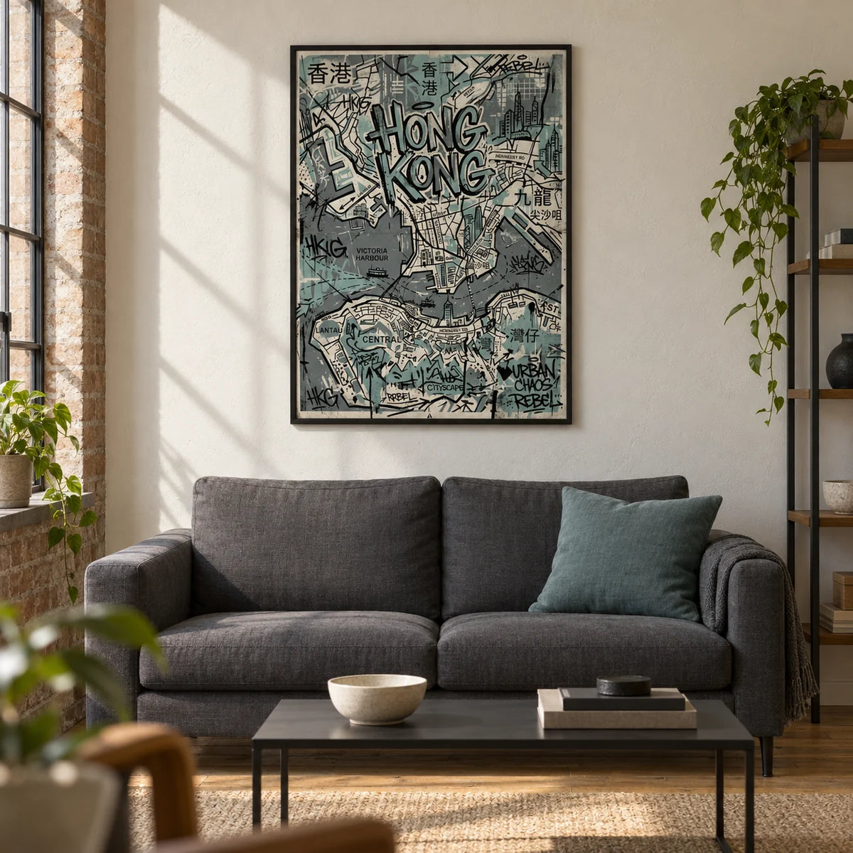 Hong Kong Map Wall Art, framed on the wall of a modern living room in a converted UK warehouse flat with a warm white plaster wall and timber floor