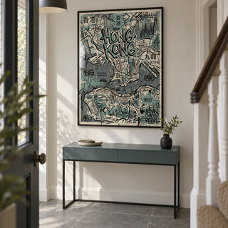 Hong Kong Map Wall Art, framed on the wall of a narrow entrance hallway in a renovated UK terrace with an off-white wall and simple grey stone floor