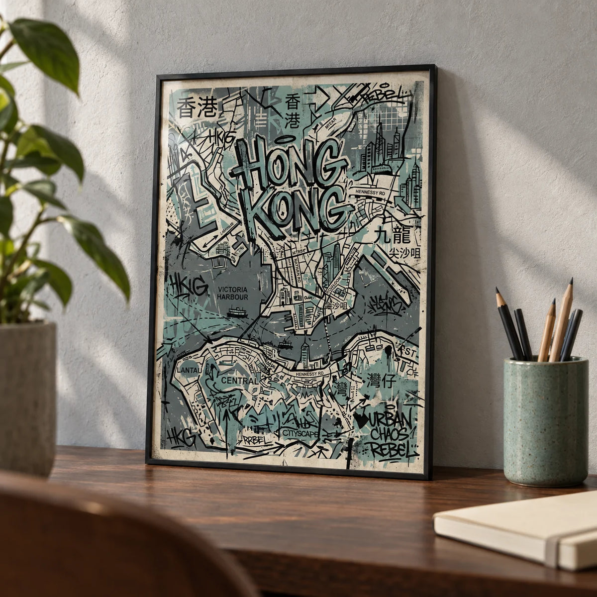 Hong Kong Map Wall Art, a small A4 framed print leaning on a walnut desk