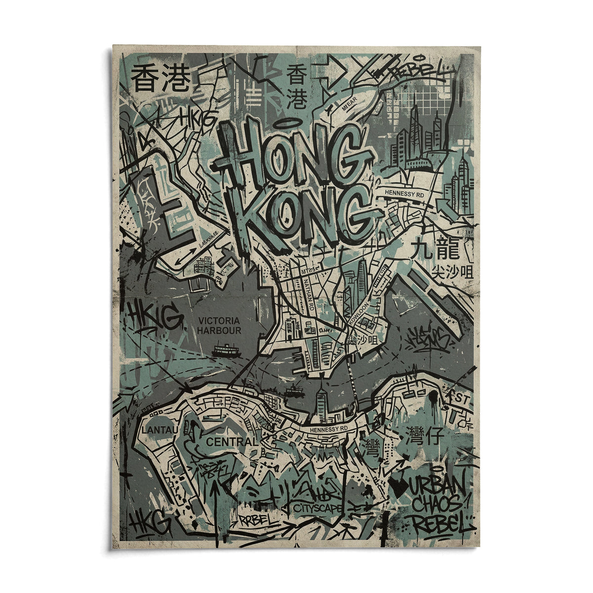 Hong Kong Map Wall Art, shown as an unframed paper print on a plain white background