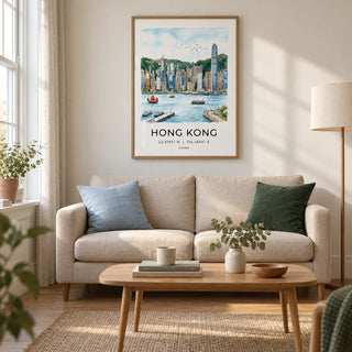 Hong Kong Skyline Art Print, framed on the wall of a calm living room in a UK city flat with warm white walls and an oak floor
