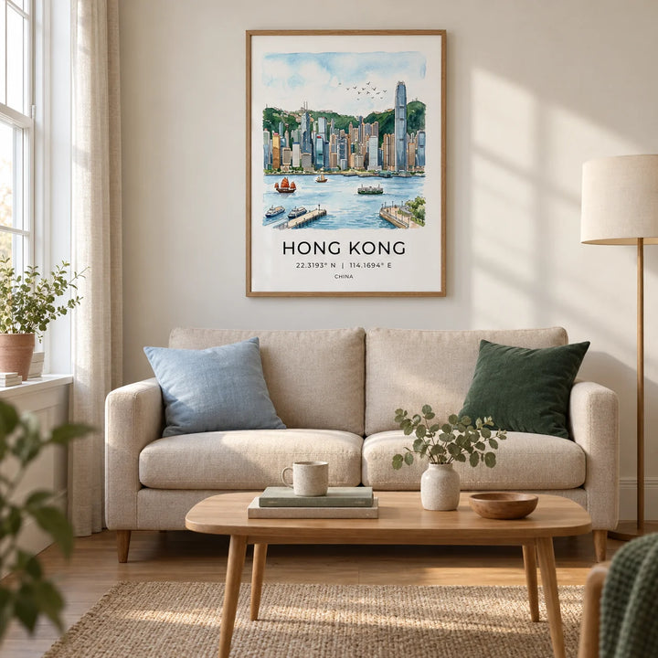 Hong Kong Skyline Art Print, framed on the wall of a calm living room in a UK city flat with warm white walls and an oak floor