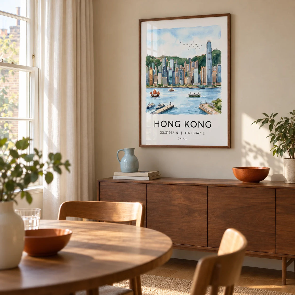 Hong Kong Skyline Art Print, framed on the wall of a relaxed dining room in a UK flat with a warm beige wall and a broad sash window