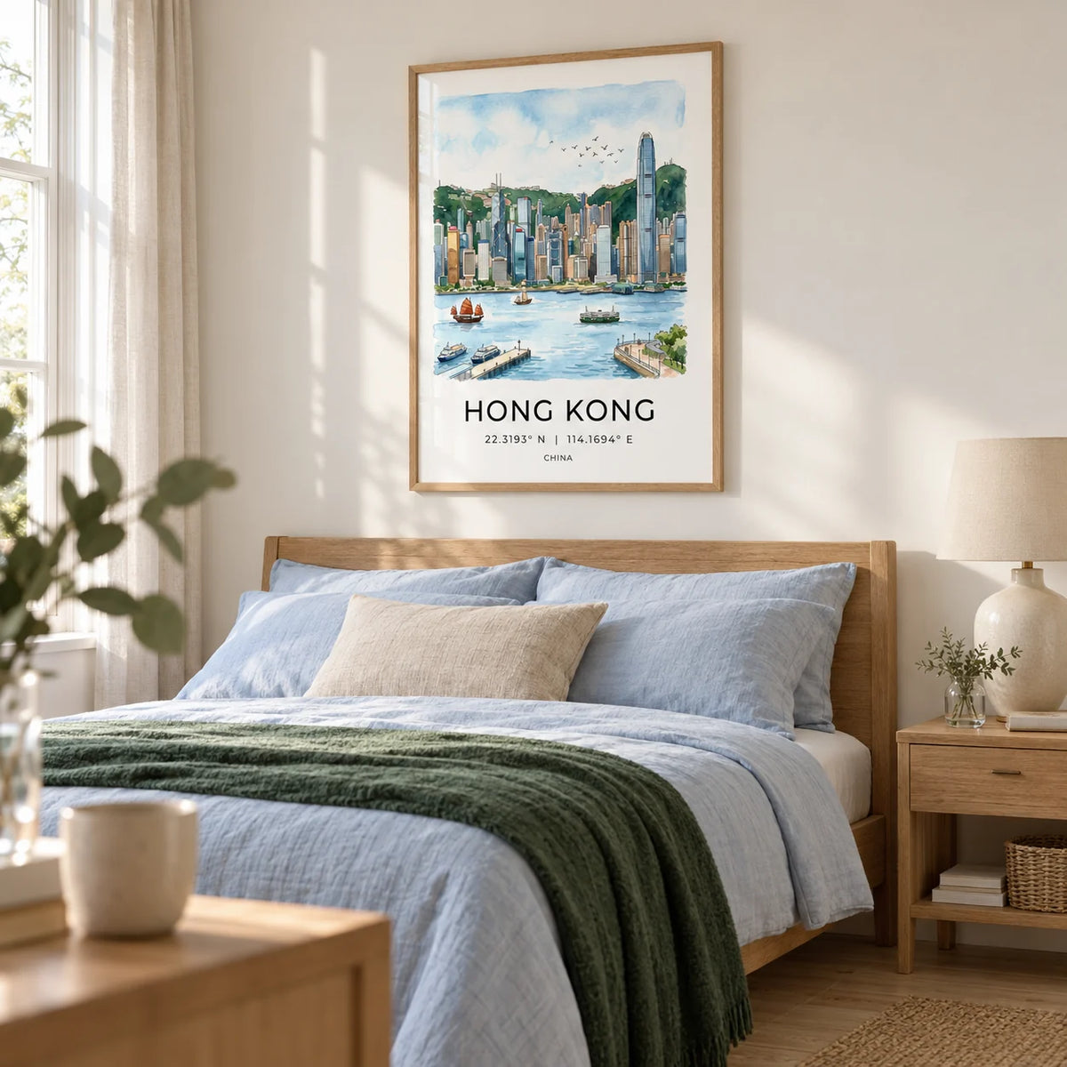 Hong Kong Skyline Art Print, framed on the wall of a restful main bedroom in a UK home with warm white walls and pale oak flooring