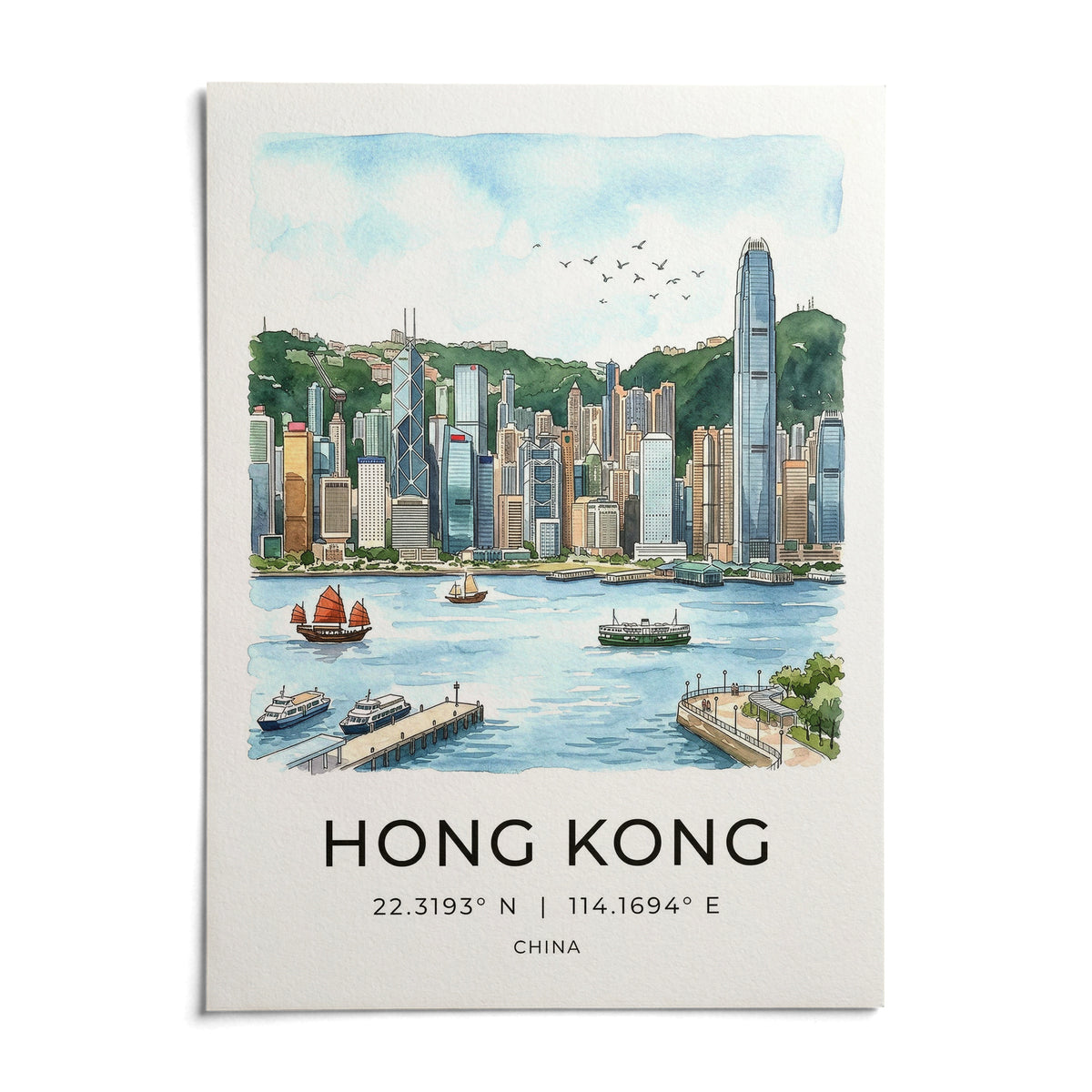 Hong Kong Skyline Art Print, shown as an unframed paper print on a plain white background
