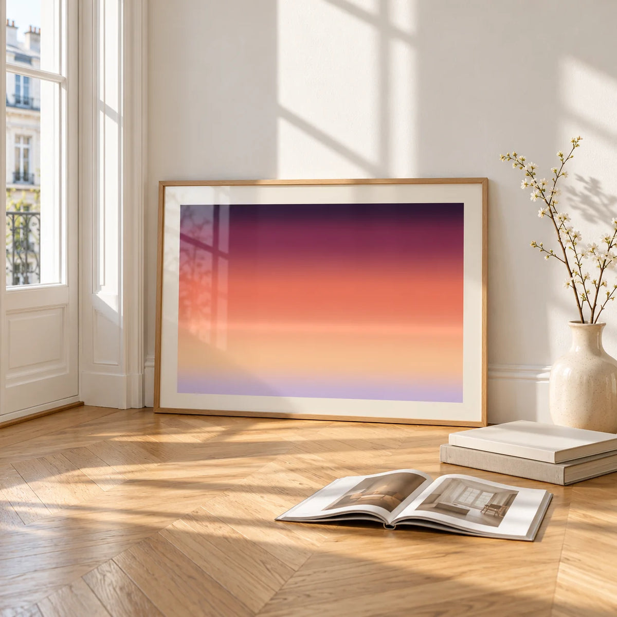 Horizon Print, framed and leaning on the parquet floor of a bright living room