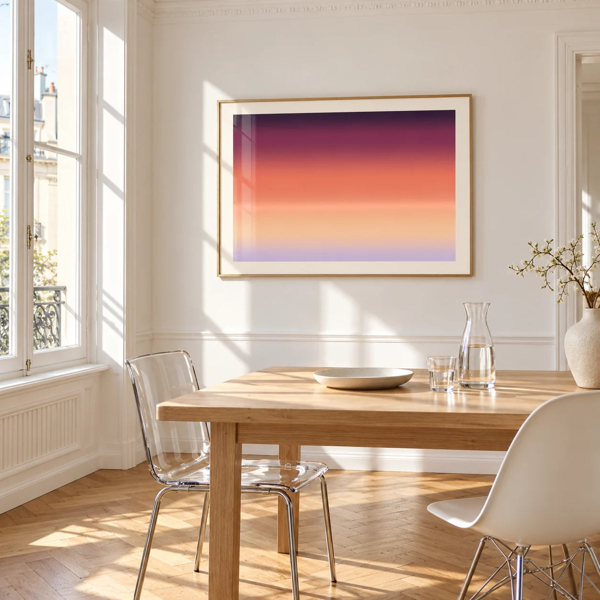 Horizon Print, framed on the wall of a bright dining corner