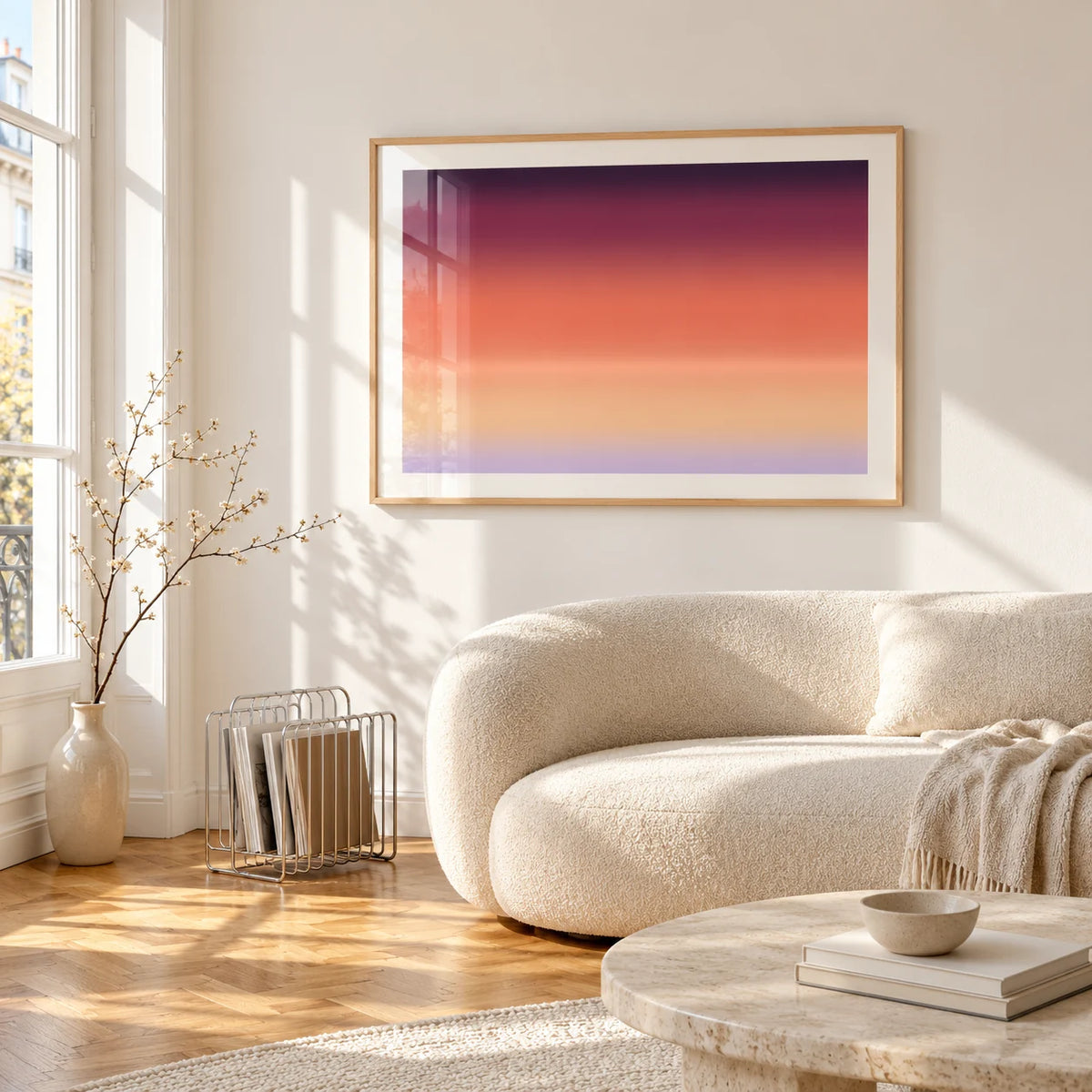 Horizon Print, framed on the wall of a bright living room corner
