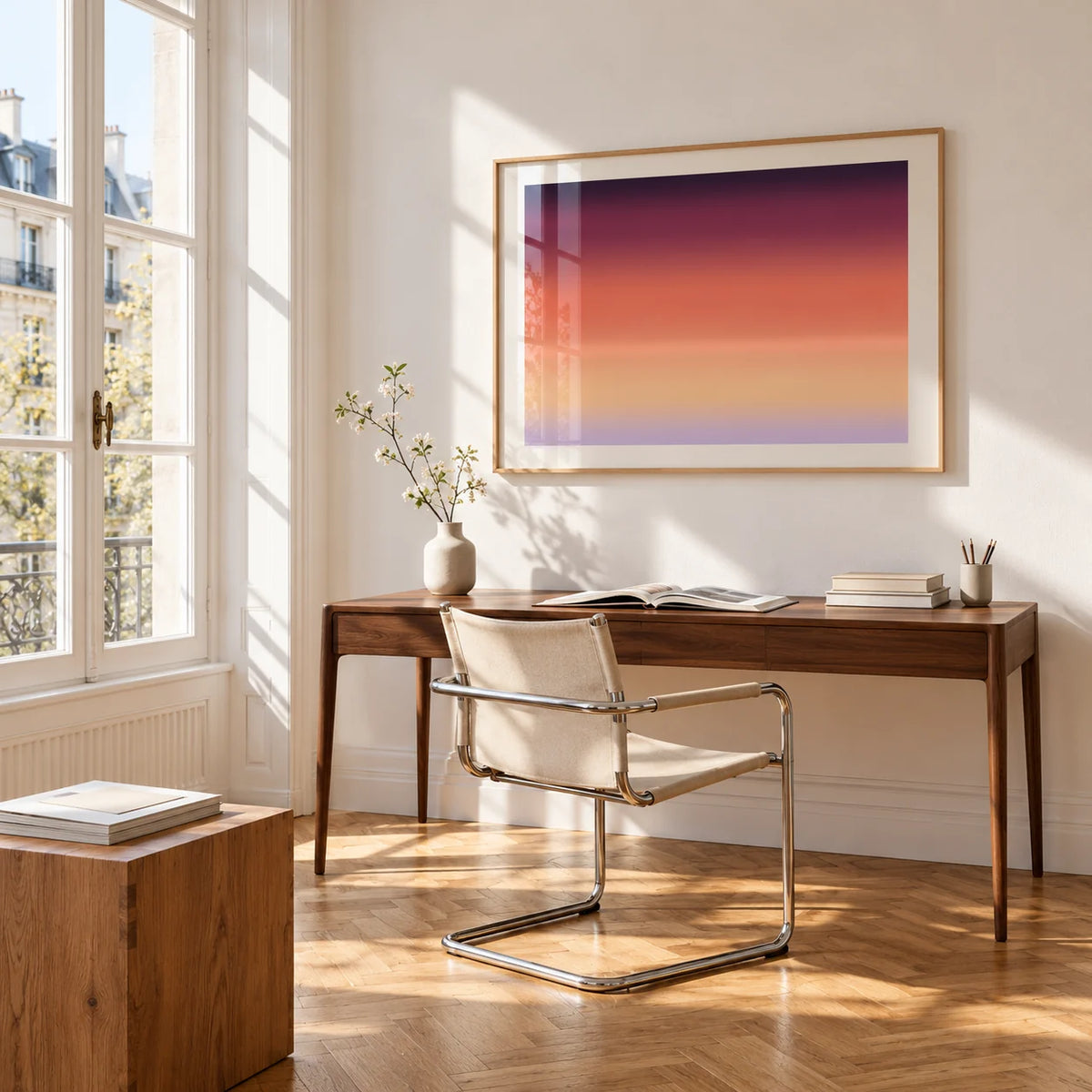 Horizon Print, framed on the wall of a bright study corner with a tall white paned window