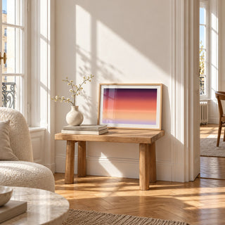 Horizon Print, a small A4 framed print leaning on a small solid oak side table