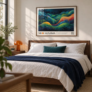 Horizontal Abstract Art, framed on the wall of a calm modern bedroom with a soft white wall