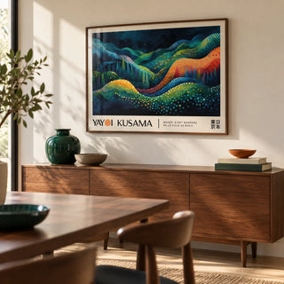 Horizontal Abstract Art, framed on the wall of a design-led dining room with a cream wall