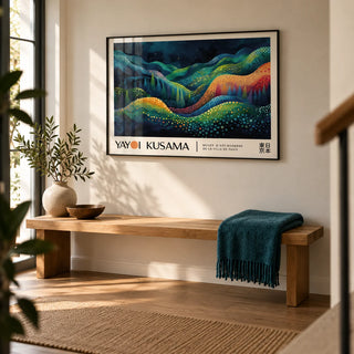 Horizontal Abstract Art, framed on the wall of a modern hallway with a warm white wall