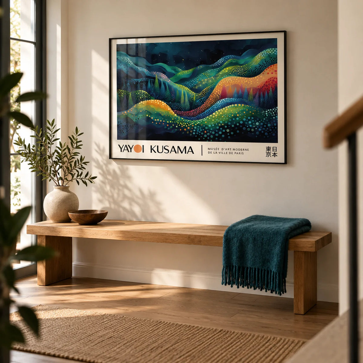 Horizontal Abstract Art, framed on the wall of a modern hallway with a warm white wall