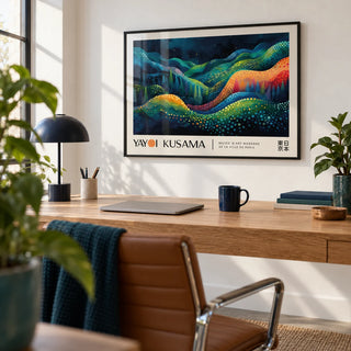 Horizontal Abstract Art, framed on the wall of a modern home office with a white wall