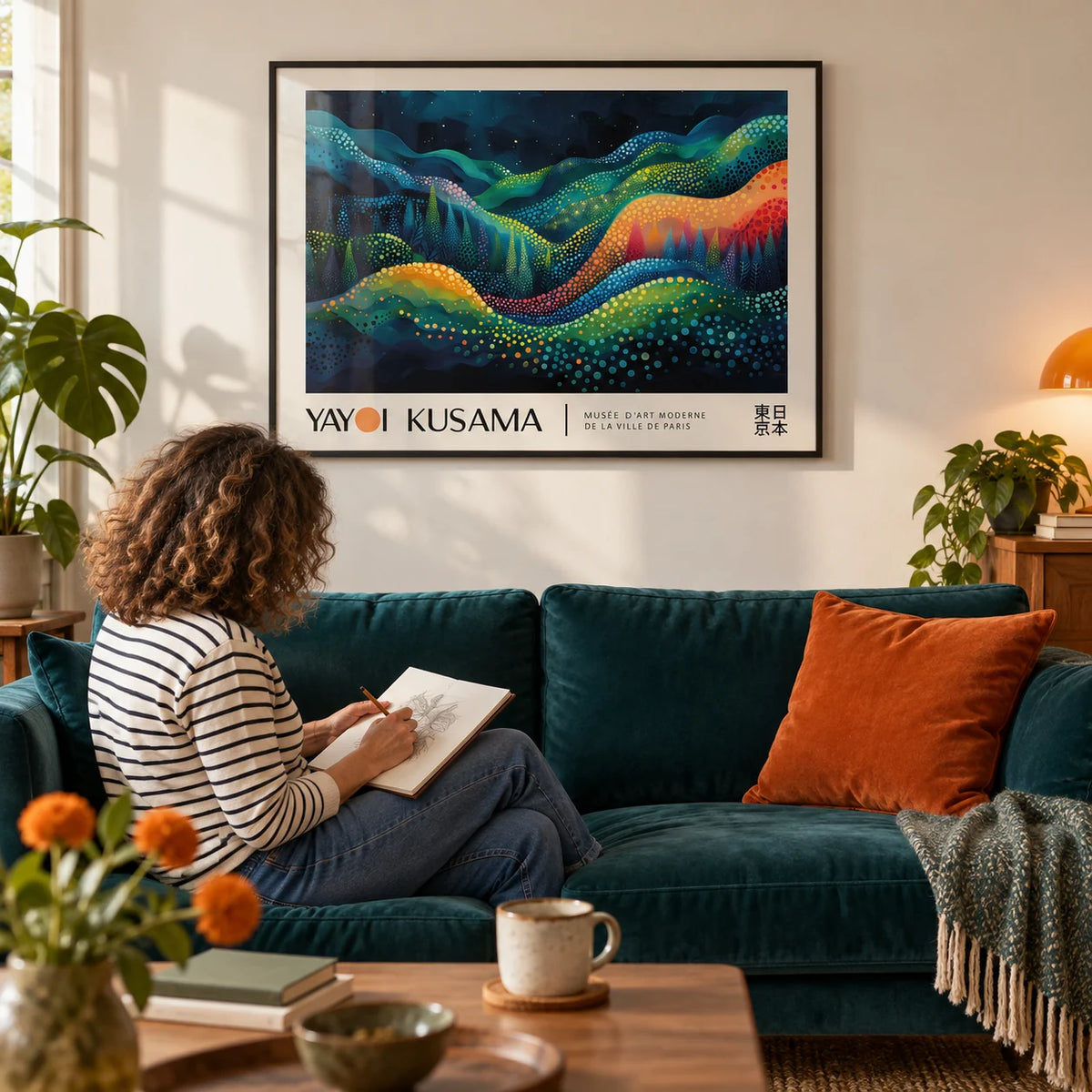 Horizontal Abstract Art, framed on the wall of a modern living room with a warm white wall