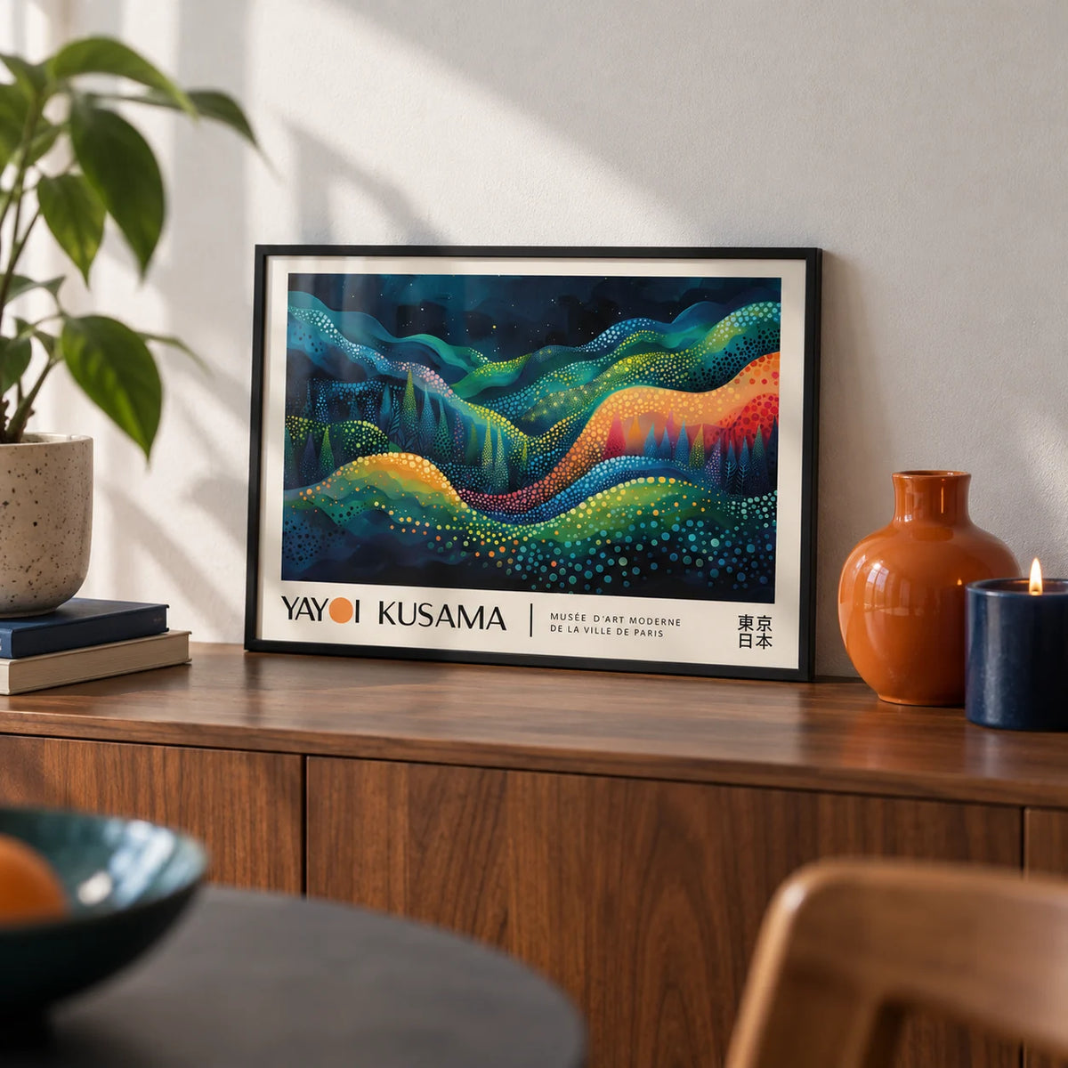 Horizontal Abstract Art, a small A4 framed print leaning on a walnut sideboard in a living room