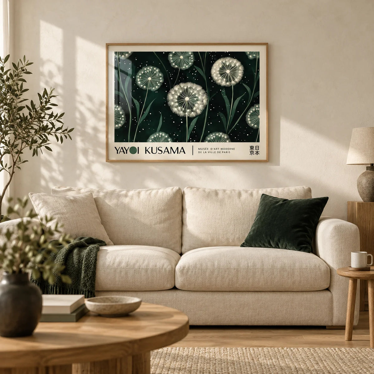 Horizontal Posters, framed on the wall of a calm living room with a warm white limewashed wall and a pale oak floor